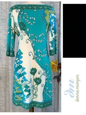 Donna Morgan white and green floral 3/4 sleeve pullover sheath dress.